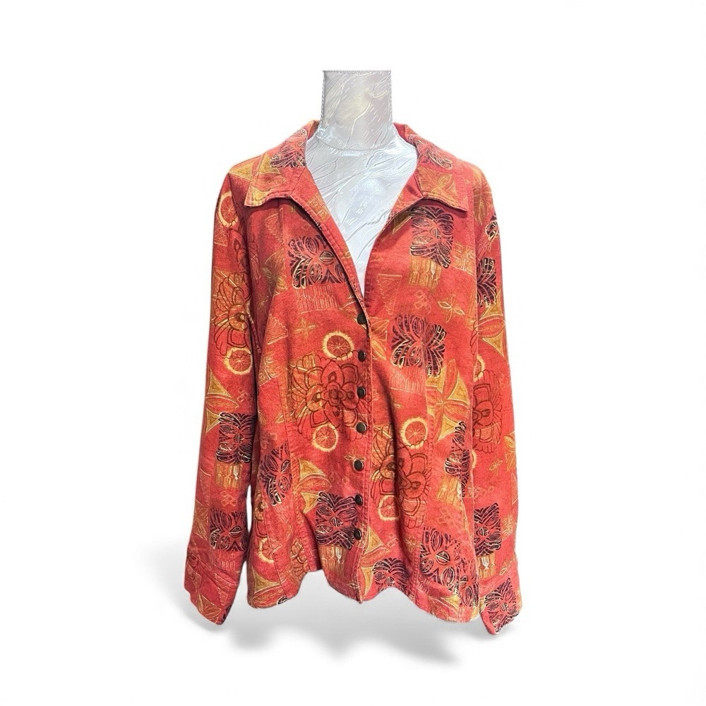 CJ Banks Sz 1X Colorful Geometric Linen Cotton Blend Snap Closure Jacket Tribal